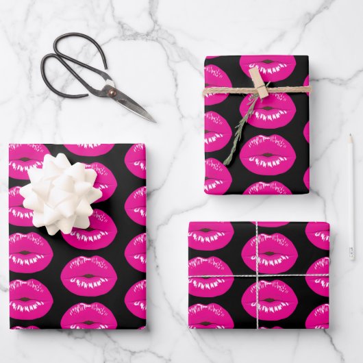 Hot Pink Lips Glamoureus Illustratie Inpakpapier Vel (Voorkant)
