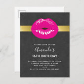 Hot Pink Lips Glamoureuze Verjaardag Uitnodiging (Voorkant / Achterkant)