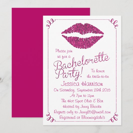 Hot Pink Lips Glitter Effect Bachelorette Partij Kaart (Voorkant / Achterkant)