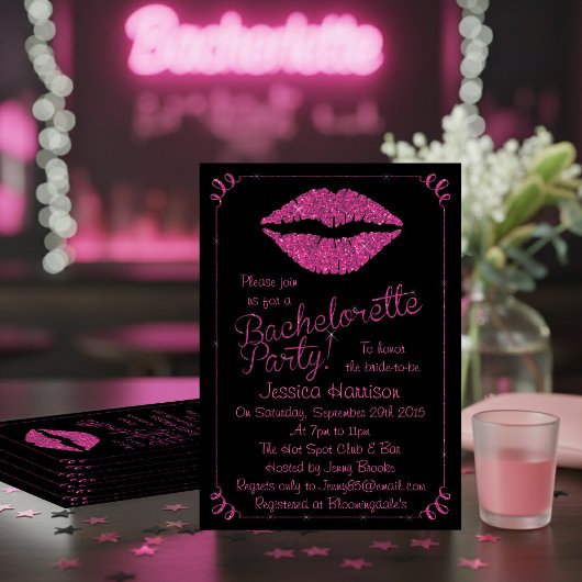 Hot Pink Lips Glitter Effect Bachelorette Partij Kaart