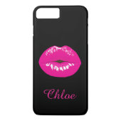Hot Pink Lips Kiss Naam Monogram Black iPhone Case (Achterkant)