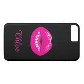 Hot Pink Lips Kiss Naam Monogram Black iPhone Case (Achterkant (Horizontaal))