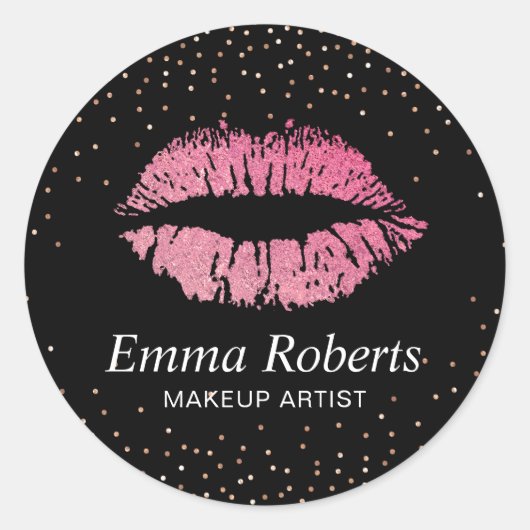 Hot Pink Lips Roos Gold Confetti Makeup Artist Ronde Sticker (Voorkant)