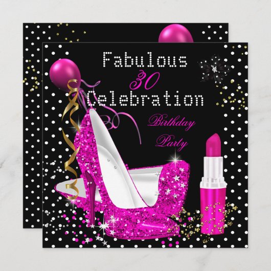 Hot Pink Lipstick Glitter Heels Polka Dot Birthday Kaart (Voorkant / Achterkant)