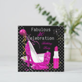 Hot Pink Lipstick Glitter Heels Polka Dot Birthday Kaart (Staand voorkant)