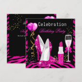 Hot Pink Lipstick Glitter Zebra Birthday Party Kaart (Voorkant / Achterkant)