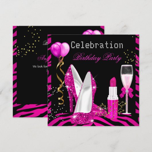 Hot Pink Lipstick Glitter Zebra Birthday Party Kaart (Voorkant / Achterkant)
