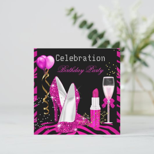 Hot Pink Lipstick Glitter Zebra Birthday Party Kaart (Staand voorkant)