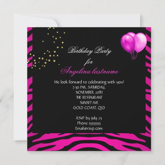 Hot Pink Lipstick Glitter Zebra Birthday Party Kaart (Achterkant)