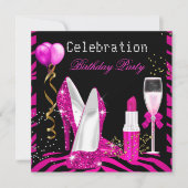 Hot Pink Lipstick Glitter Zebra Birthday Party Kaart (Voorkant)
