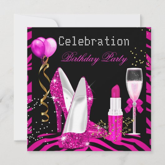 Hot Pink Lipstick Glitter Zebra Birthday Party Kaart (Voorkant)