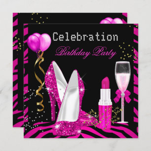 Hot Pink Lipstick Glitter Zebra Birthday Party Kaart