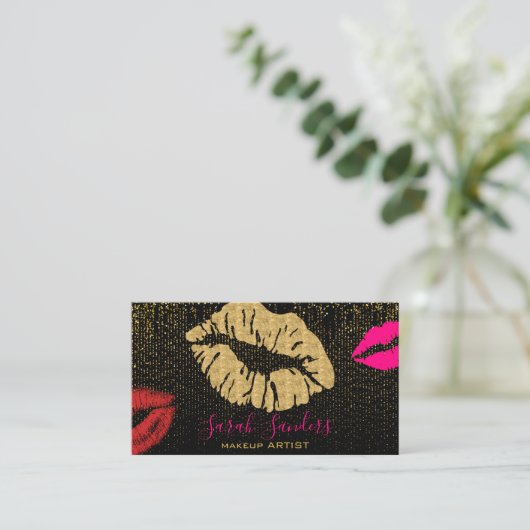 Hot Pink Lipstick Make-up Artist Goud Zwart Visitekaartje (Staand voorkant)