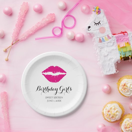 Hot Pink Lipstick Sweet Zestien verjaardag Papieren Bordje (Feest)