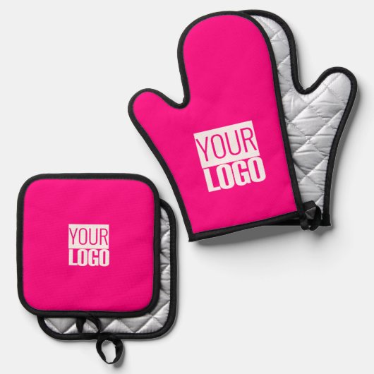 Hot Pink - logo toevoegen Ovenwant & Pannenlap Set (Voorkant / Achterkant)