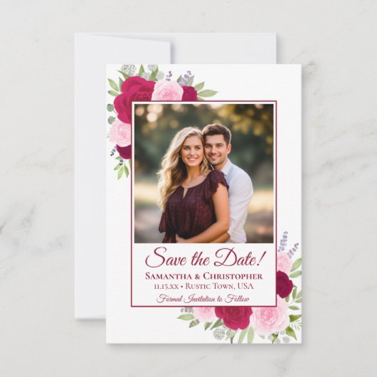 Hot Pink Magenta & Blush Boho Rozen Fotobruiloft Save The Date (Voorkant)