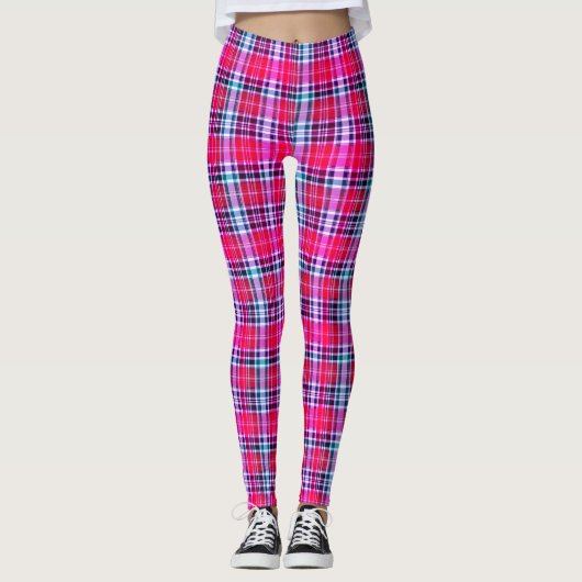 Hot Pink Magenta Dense Modern Tartan Leggings (Voorkant)