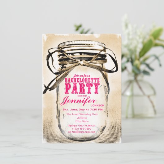 Hot Pink Mason Jar Bachelorette Party Kaart (Staand voorkant)