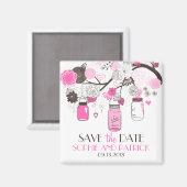 Hot Pink Mason Jars & Flowers Save the Date Magnet (Voorkant / Achterkant)