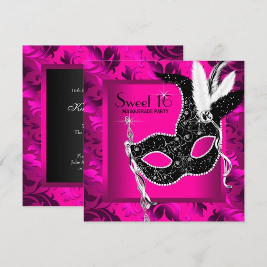 Hot Pink Masquerade Party Kaart (Voorkant / Achterkant)