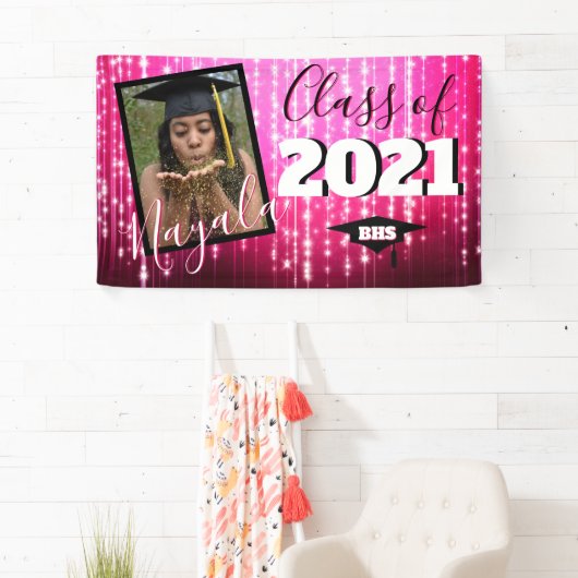 Hot Pink met spaarkjes| Monogram Afstuderen Foto Spandoek (Insitu)