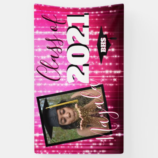 Hot Pink met spaarkjes| Monogram Afstuderen Foto Spandoek (Verticaal)