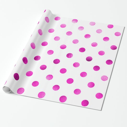 Hot Pink Metallic faux Foil Polka Dot White Cadeaupapier (Uitgerold)