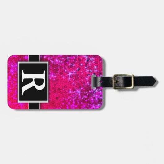 Hot Pink Metallic Glitter Modern Elegant Monogram Bagagelabel (Voorkant horizontaal)