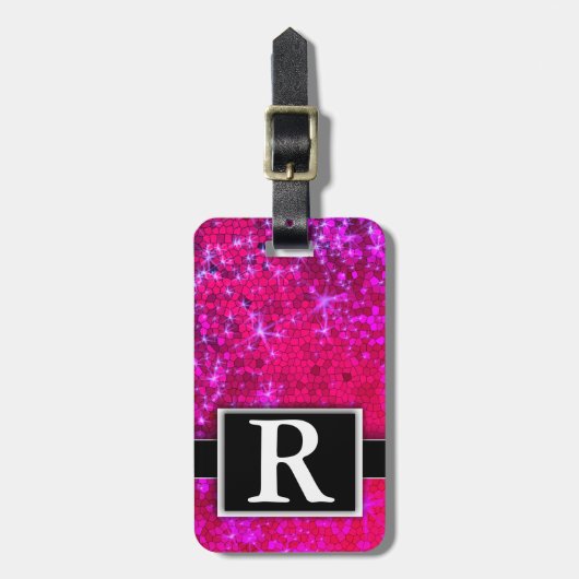 Hot Pink Metallic Glitter Modern Elegant Monogram Bagagelabel (Voorkant verticaal)