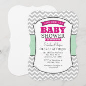 Hot Pink Mint Gray Chevron Baby shower Uitnodiging (Voorkant / Achterkant)