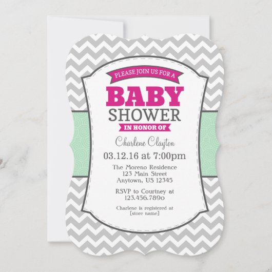 Hot Pink Mint Gray Chevron Baby shower Uitnodiging (Voorkant)