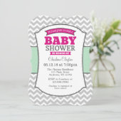 Hot Pink Mint Gray Chevron Baby shower Uitnodiging (Staand voorkant)