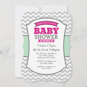 Hot Pink Mint Gray Chevron Baby shower Uitnodiging