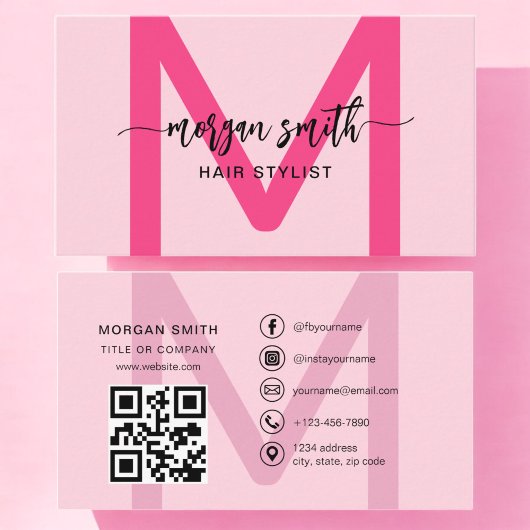 Hot Pink Modern QR Code Script Girly Monogram Naam Visitekaartje