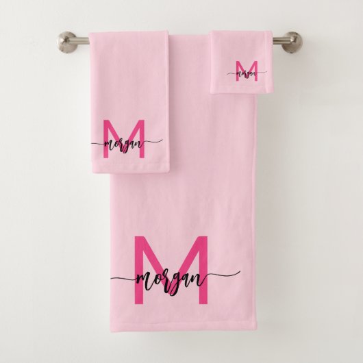 Hot Pink Modern Script Girly Monogram Naam Bad Handdoek (Insitu)
