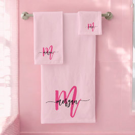 Hot Pink Modern Script Girly Monogram Naam Bad Handdoek
