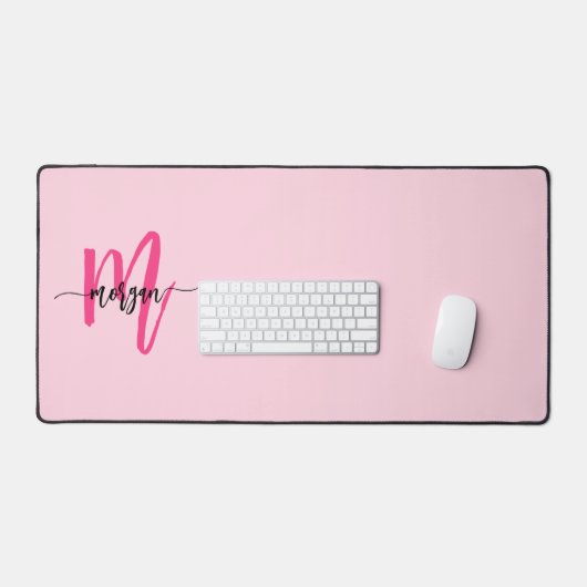 Hot Pink Modern Script Girly Monogram Naam Bureaumat (Keyboard & Muis)