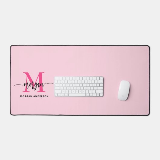 Hot Pink Modern Script Girly Monogram Naam Bureaumat (Keyboard & Muis)
