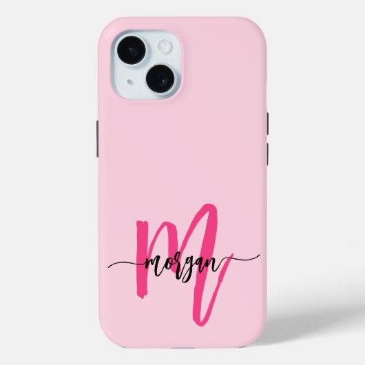 Hot Pink Modern Script Girly Monogram Naam Case-Mate iPhone Case (Achterkant)