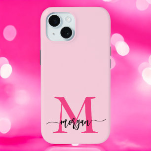 Hot Pink Modern Script Girly Monogram Naam iPhone 15 Case