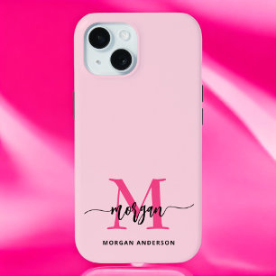 Hot Pink Modern Script Girly Monogram Naam iPhone 15 Case