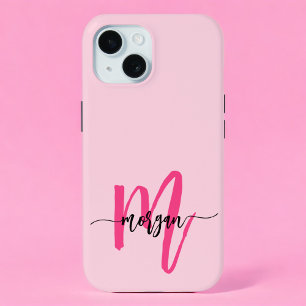 Hot Pink Modern Script Girly Monogram Naam iPhone 15 Case