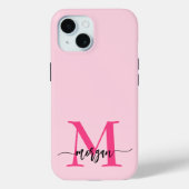 Hot Pink Modern Script Girly Monogram Naam Case-Mate iPhone Case (Achterkant)