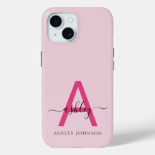 Hot Pink Modern Script Girly Monogram Naam iPhone 15 Case