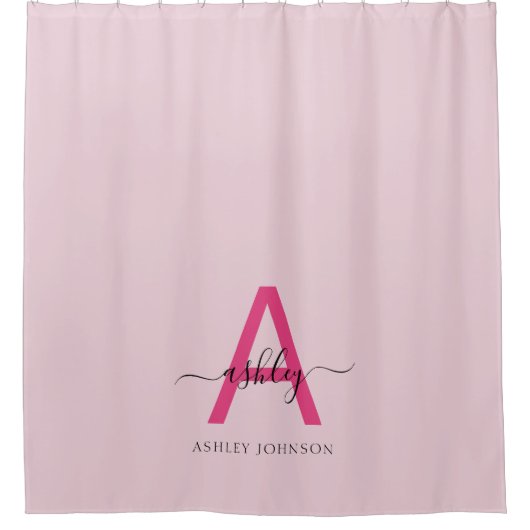 Hot Pink Modern Script Girly Monogram Naam Douchegordijn (Voorkant)