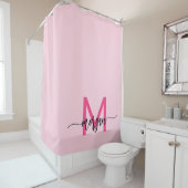 Hot Pink Modern Script Girly Monogram Naam Douchegordijn (In situ)