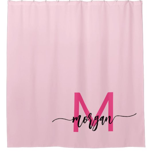 Hot Pink Modern Script Girly Monogram Naam Douchegordijn (Voorkant)