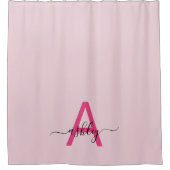 Hot Pink Modern Script Girly Monogram Naam Douchegordijn (Voorkant)