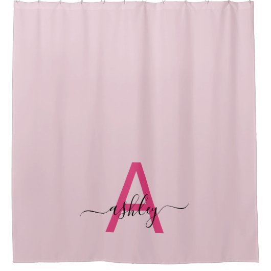 Hot Pink Modern Script Girly Monogram Naam Douchegordijn (Voorkant)