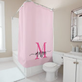 Hot Pink Modern Script Girly Monogram Naam Douchegordijn (In situ)